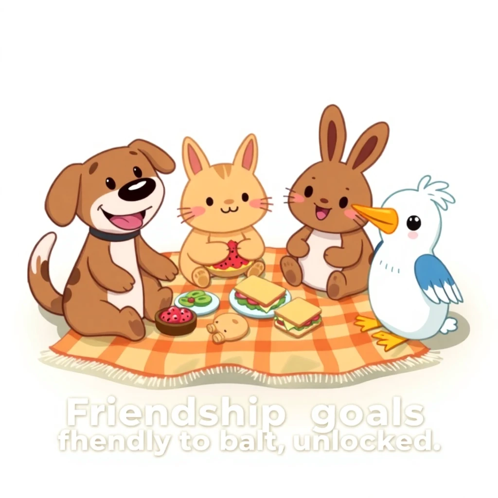 Friendly animals having a picnic