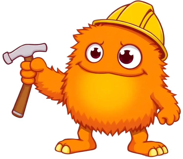 A cute orange monster wearing a hard hat and holding a hammer